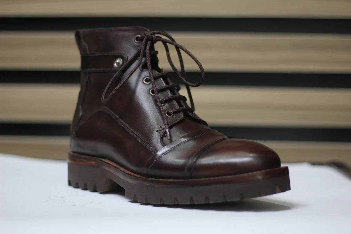 Crafted Elegance: Handmade Leather Brown Ankle High Lace-Up Boots for Men