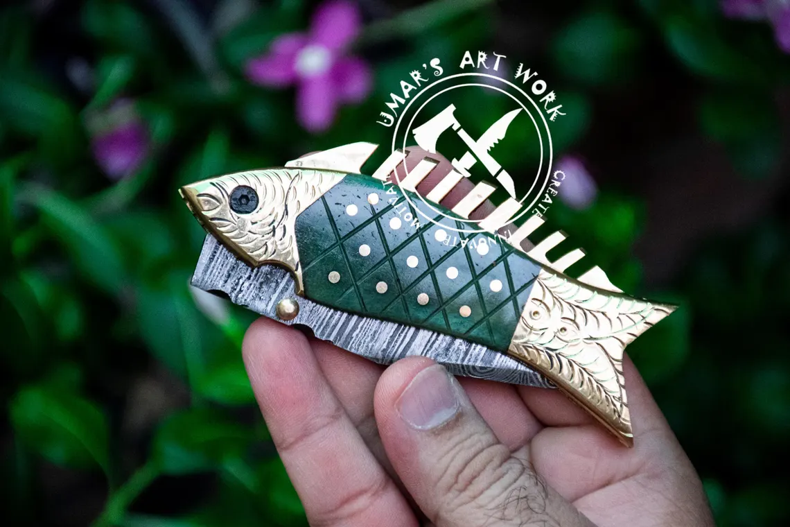 Handmade Fish Pocket Knife Damascus Folding Knife Bone Handle Special Gift for Any Occasion Personalized Gift USA Anniversary Gift for him