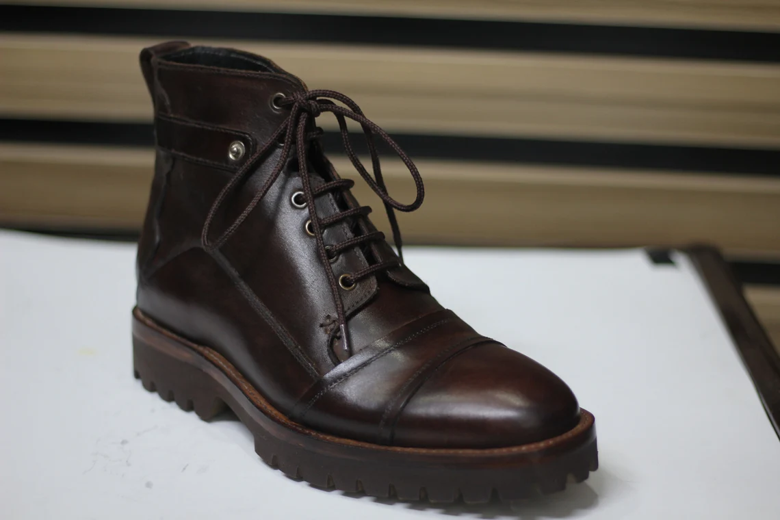 Crafted Elegance: Handmade Leather Brown Ankle High Lace-Up Boots for Men