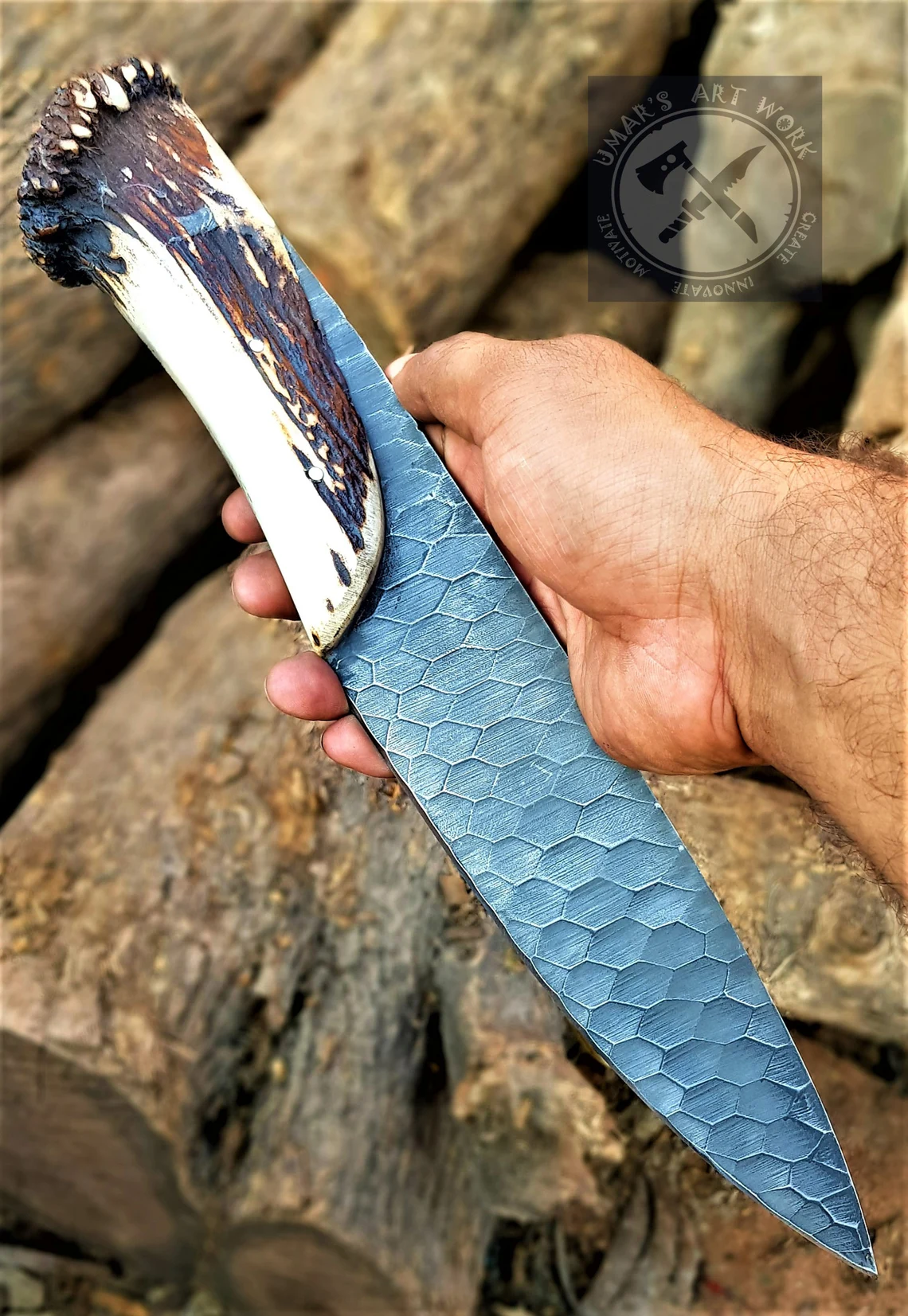 Beautiful Crown Stag handle knife Custom Handmade D2 Steel Hand Forged Antler knife Stag Horn Handle Full Tang Hunting Knife with Sheath