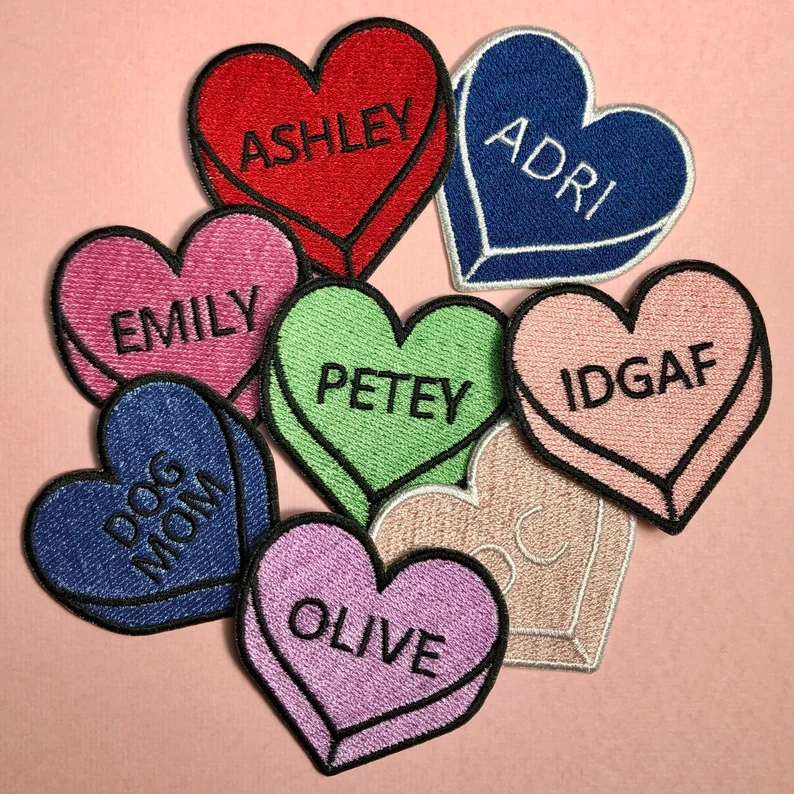 Personalized Name, Word or Date Iron on Patch for Hats, Purses, Backpacks, etc. Candy Heart Sew on Badge. Custom Embroidery. Cute Gift Idea