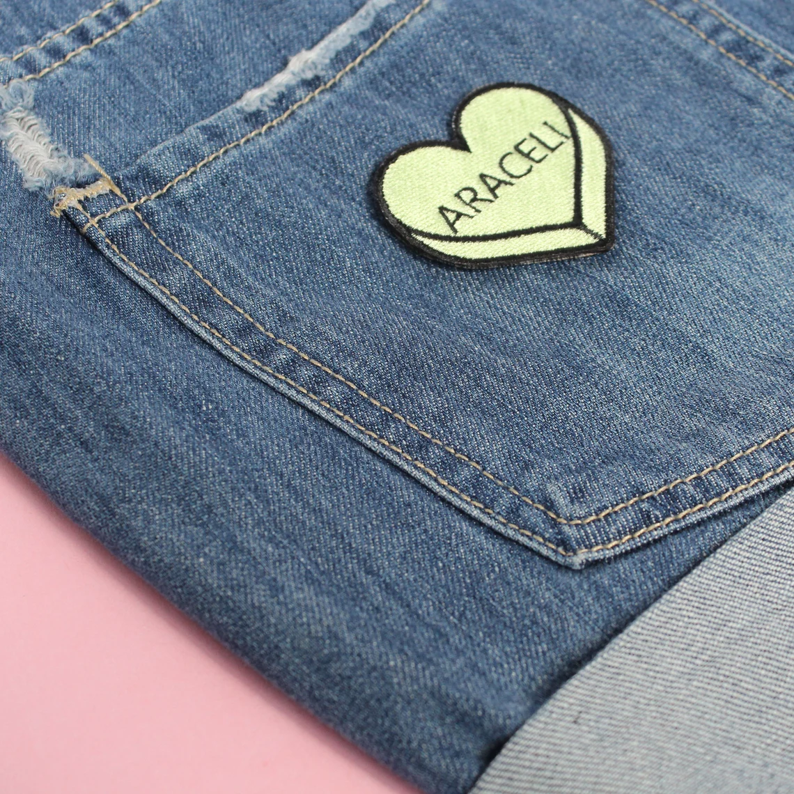 Personalized Name, Word or Date Iron on Patch for Hats, Purses, Backpacks, etc. Candy Heart Sew on Badge. Custom Embroidery. Cute Gift Idea