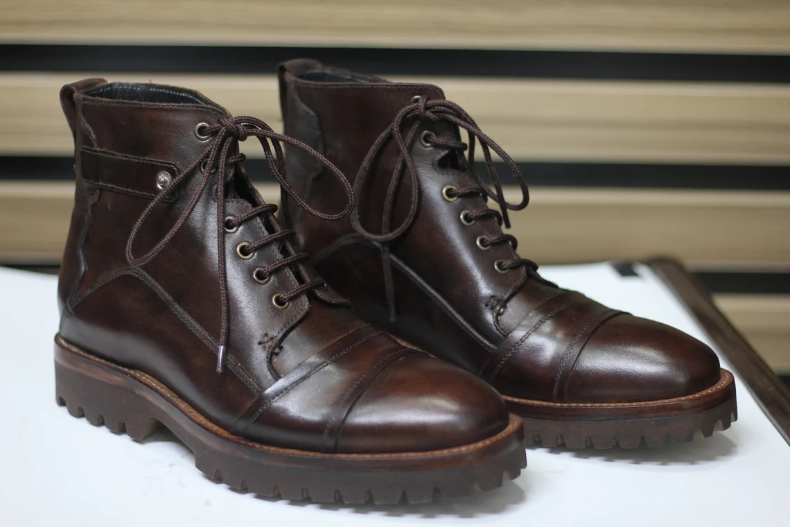 Crafted Elegance: Handmade Leather Brown Ankle High Lace-Up Boots for Men