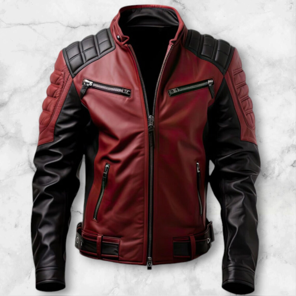 Men’s Maroon Black Genuine Sheepskin Moto Leather Jacket