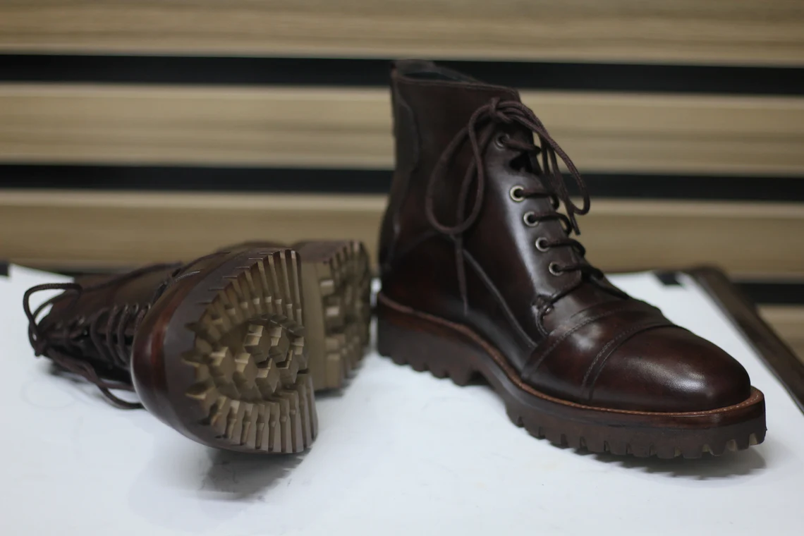 Crafted Elegance: Handmade Leather Brown Ankle High Lace-Up Boots for Men