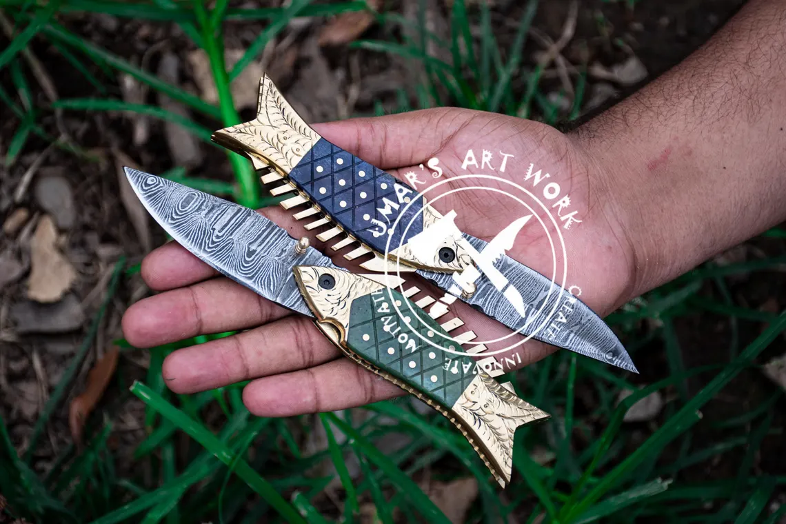 Handmade Fish Pocket Knife Damascus Folding Knife Bone Handle Special Gift for Any Occasion Personalized Gift USA Anniversary Gift for him