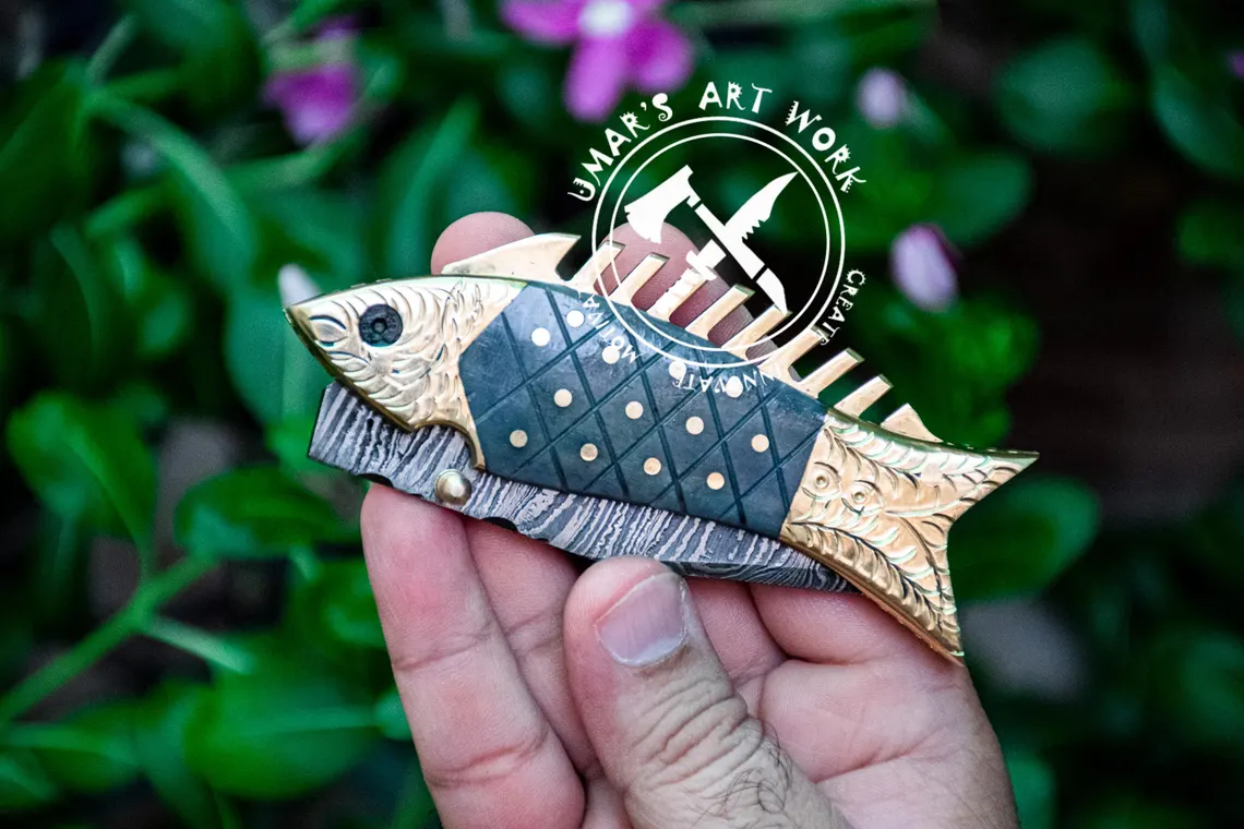 Handmade Fish Pocket Knife Damascus Folding Knife Bone Handle Special Gift for Any Occasion Personalized Gift USA Anniversary Gift for him