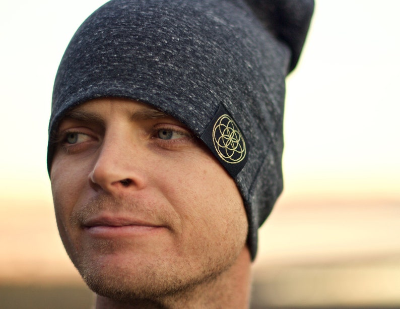 Organic made in the USA sacred beanie. SLATE mens beanie, beanies for women, slouch beanie, slouchy, seed of life, Sacred Geometry Shirt