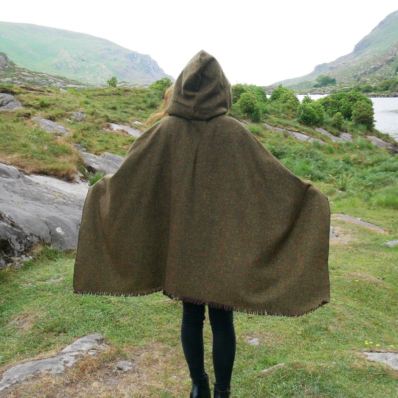 Irish Donegal Tweed Wool Hooded Ruana, Wrap, Cape, Arisaid - Speckled Forest Green -100% Pure New Wool- Limited Stock - HANDMADE IN IRELAND