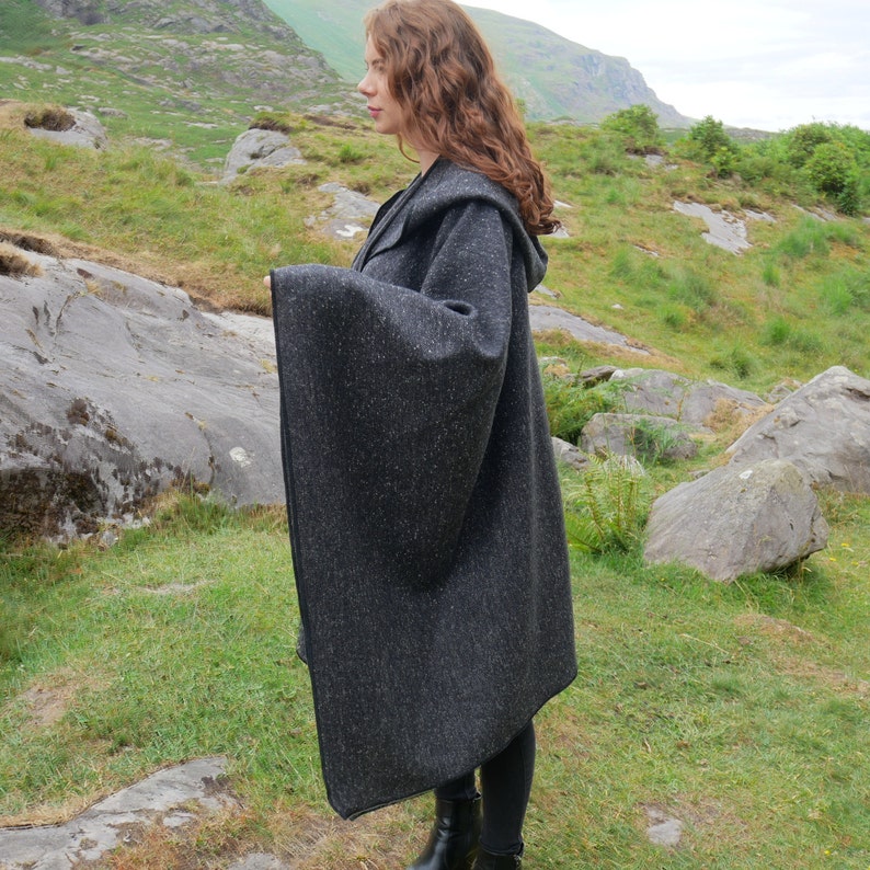 Irish Donegal Tweed Wool Hooded Ruana, Cape - Charcoal/Grey Salt & Pepper - Speckled -100% Pure New Wool - heavy tweed - HANDMADE IN IRELAND