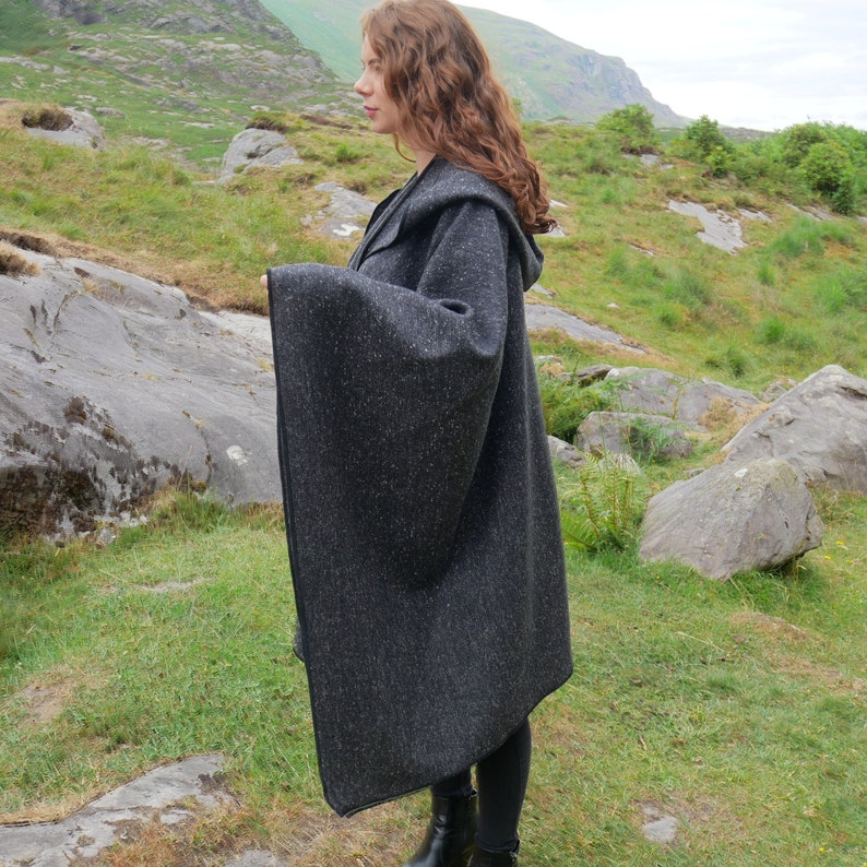 Irish Donegal Tweed Wool Hooded Ruana, Cape - Charcoal/Grey Salt & Pepper - Speckled -100% Pure New Wool - heavy tweed - HANDMADE IN IRELAND