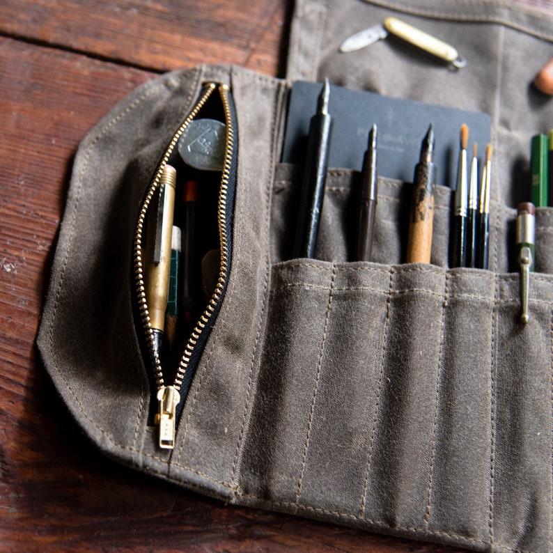 Roll Up Mini Pencil Case, Pen Roll, Waxed Canvas and Leather, 12 pockets + 1 zipper pouch by Peg and Awl | Mini Sendak Artist Roll