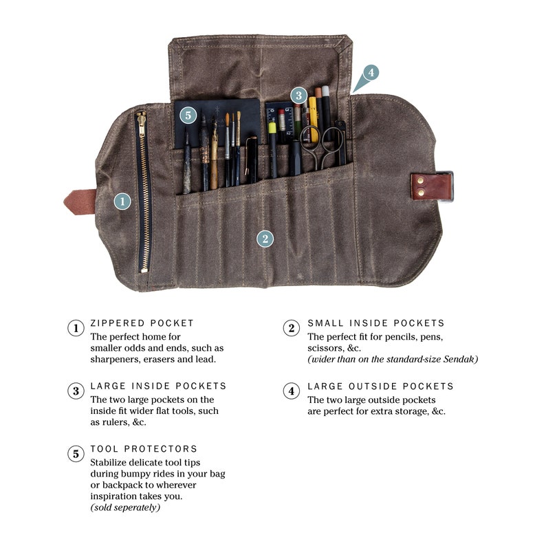 Roll Up Mini Pencil Case, Pen Roll, Waxed Canvas and Leather, 12 pockets + 1 zipper pouch by Peg and Awl | Mini Sendak Artist Roll