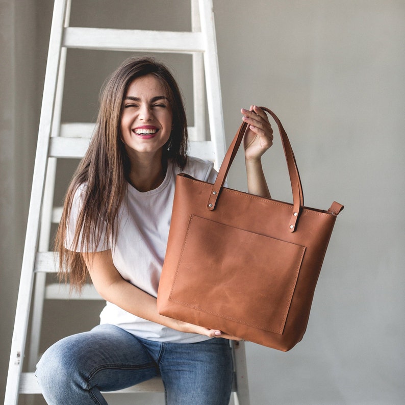 Leather Tote Bag with Optional Zipper Pocket Crossbody Strap | Handmade Large Totes | Leather Shoulder Bag | Women's Leather Crossbody Tote