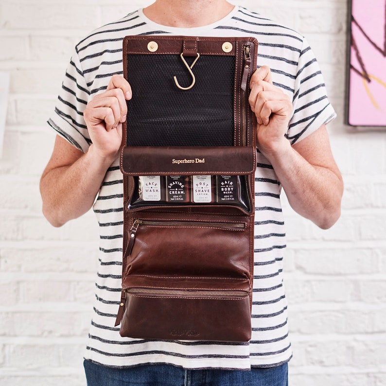 Personalised Leather Hanging Wash Bag - Christmas Gift for Husband, Dad, Brother - Perfect for Travel - Handmade Quality