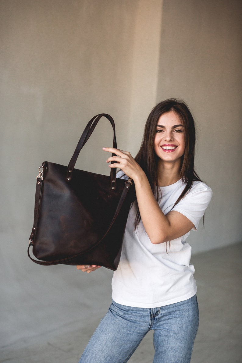 Leather Tote Bag with Optional Zipper Pocket Crossbody Strap | Handmade Large Totes | Leather Shoulder Bag | Women's Leather Crossbody Tote