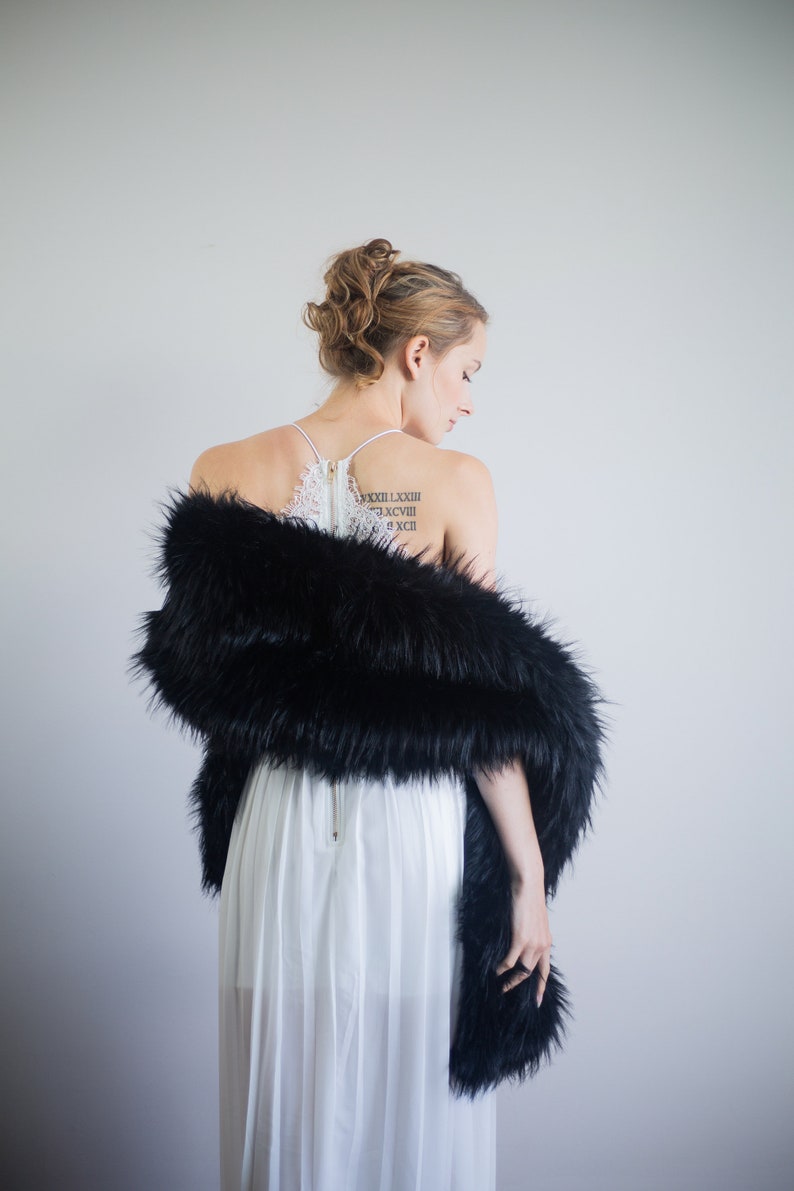 Black Faux Fur Wrap, Fur shrug, Black Fur Wrap, Bridal Faux Fur Stole Fur Shawl Cape (Lilian Blk03)