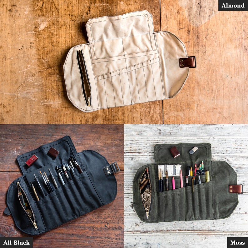 Roll Up Mini Pencil Case, Pen Roll, Waxed Canvas and Leather, 12 pockets + 1 zipper pouch by Peg and Awl | Mini Sendak Artist Roll