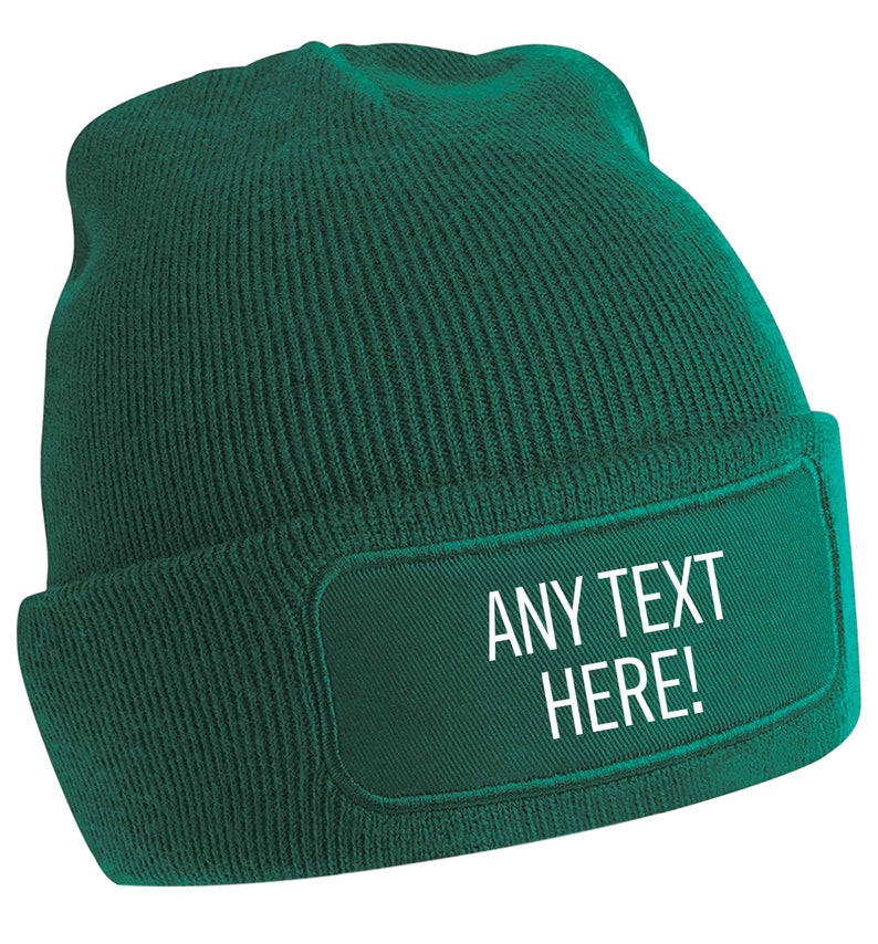 Any text here! Personalised beanie hat, available in variety of colours, choose your text, font colour and style! Ideal for any occasion,