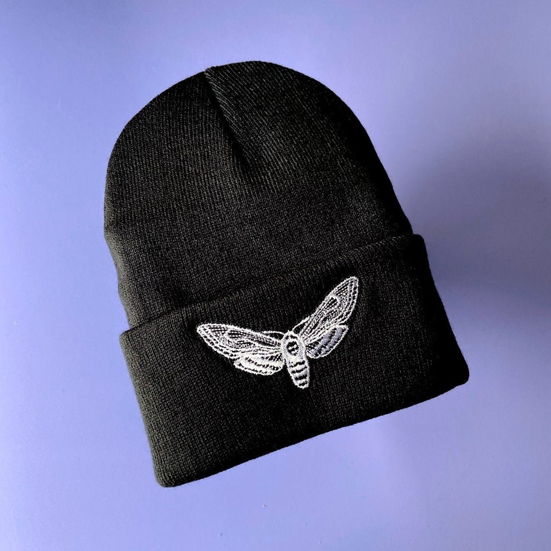 MOTH BEANIE - Embroidered Black Beanie, Spooky Halloween Hat, Death Head's Hawkmoth Bug Hat, Goth Stocking Stuffer, Spooky Horror Gift