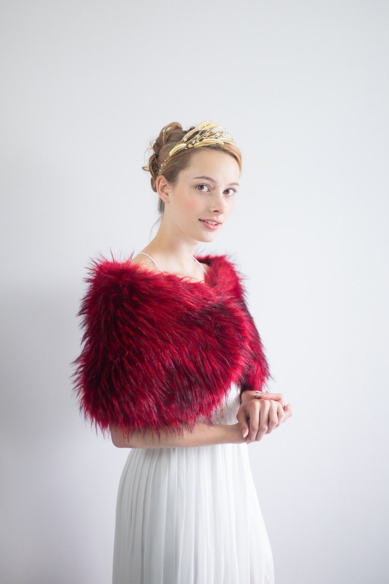 CLEARANCE Red Faux Fur bridal wrap, Wedding Fur shrug, Bridal Faux Fur Stole Fur Shawl Cape, wedding faux fur wrap (Serena Red02)