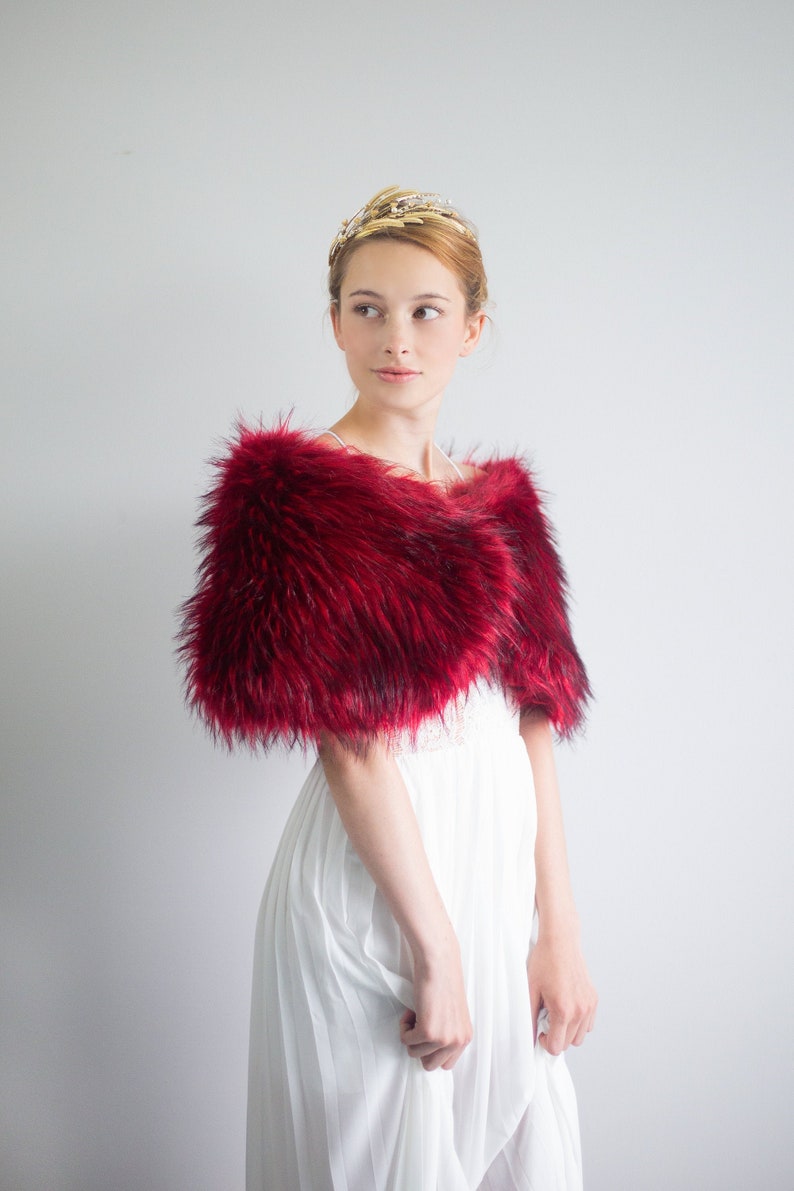 CLEARANCE Red Faux Fur bridal wrap, Wedding Fur shrug, Bridal Faux Fur Stole Fur Shawl Cape, wedding faux fur wrap (Serena Red02)