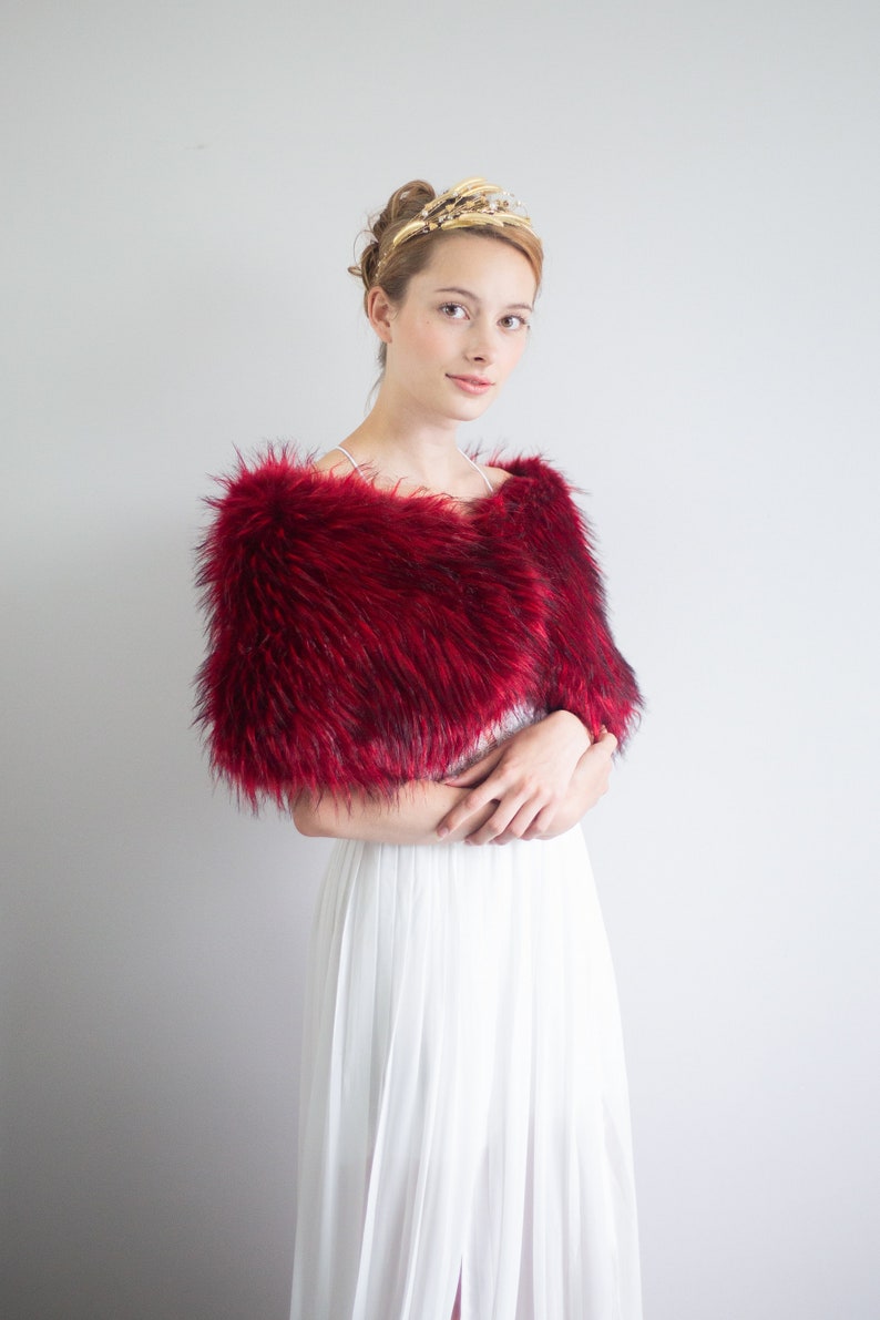 CLEARANCE Red Faux Fur bridal wrap, Wedding Fur shrug, Bridal Faux Fur Stole Fur Shawl Cape, wedding faux fur wrap (Serena Red02)