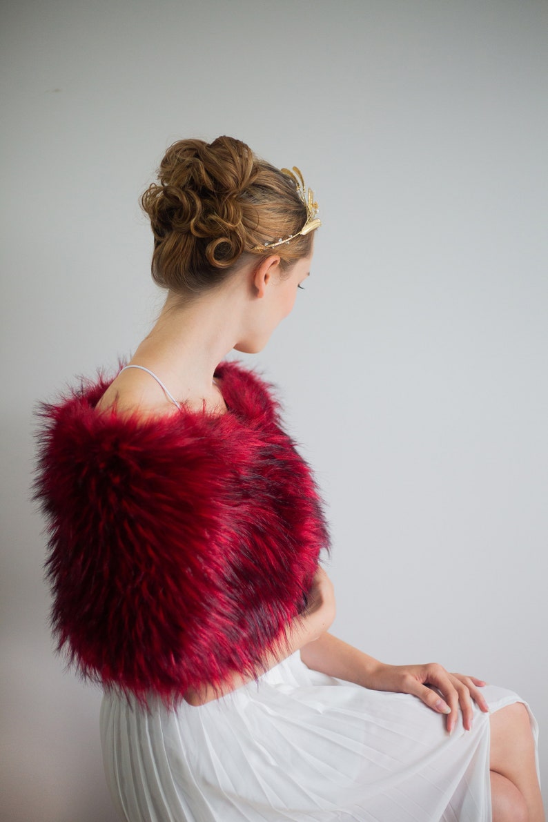 CLEARANCE Red Faux Fur bridal wrap, Wedding Fur shrug, Bridal Faux Fur Stole Fur Shawl Cape, wedding faux fur wrap (Serena Red02)