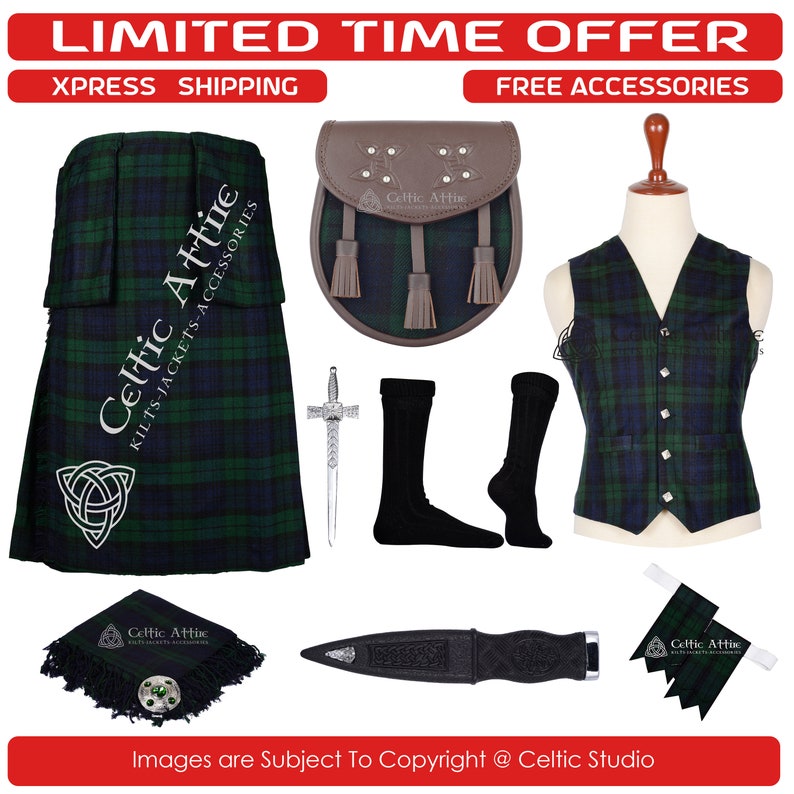 Premium - Scottish Traditional 8 Yard Tartan KILT With Free Shipping and 9 Accessories - Kilt Pin - Fly - Vest - Brooch - Socks - Sporran