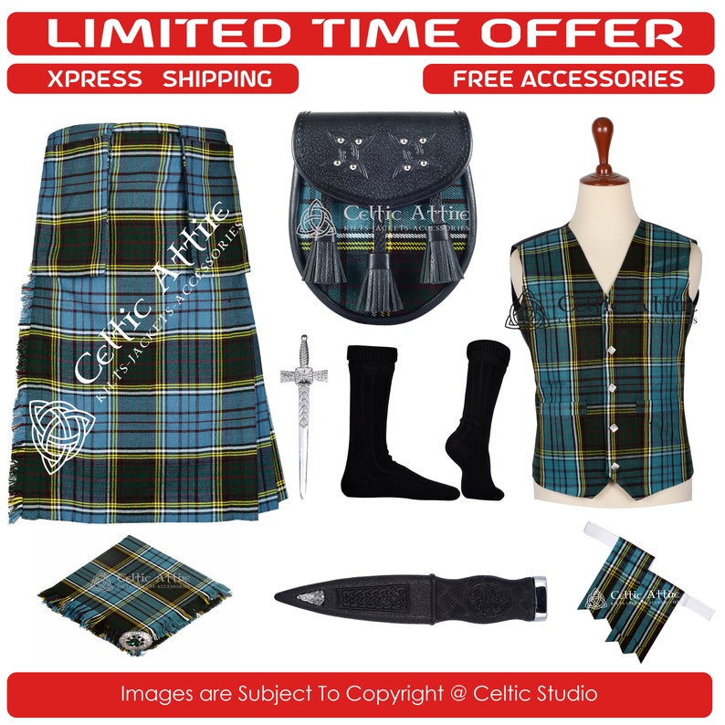 Premium - Scottish Traditional 8 Yard Tartan KILT With Free Shipping and 9 Accessories - Kilt Pin - Fly - Vest - Brooch - Socks - Sporran