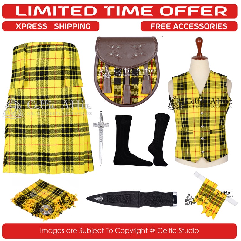 Premium - Scottish Traditional 8 Yard Tartan KILT With Free Shipping and 9 Accessories - Kilt Pin - Fly - Vest - Brooch - Socks - Sporran