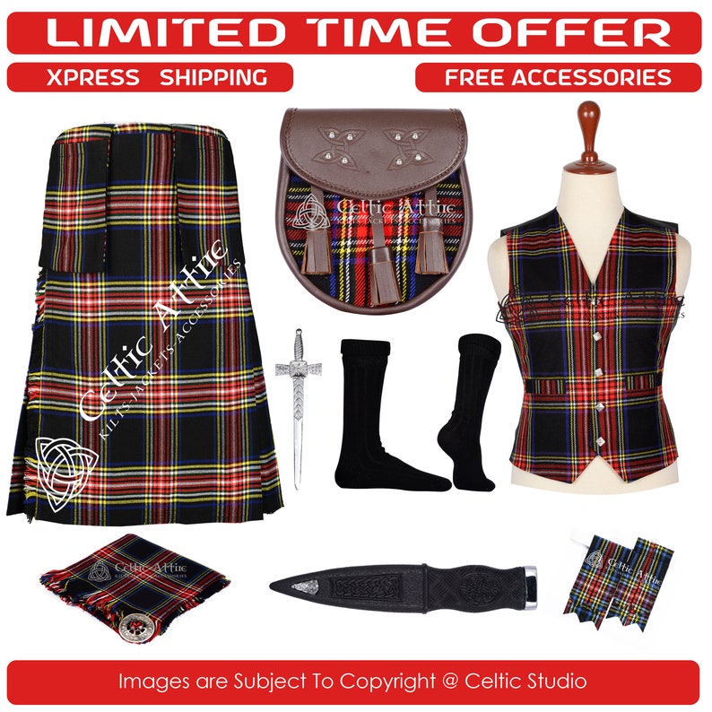 Premium - Scottish Traditional 8 Yard Tartan KILT With Free Shipping and 9 Accessories - Kilt Pin - Fly - Vest - Brooch - Socks - Sporran