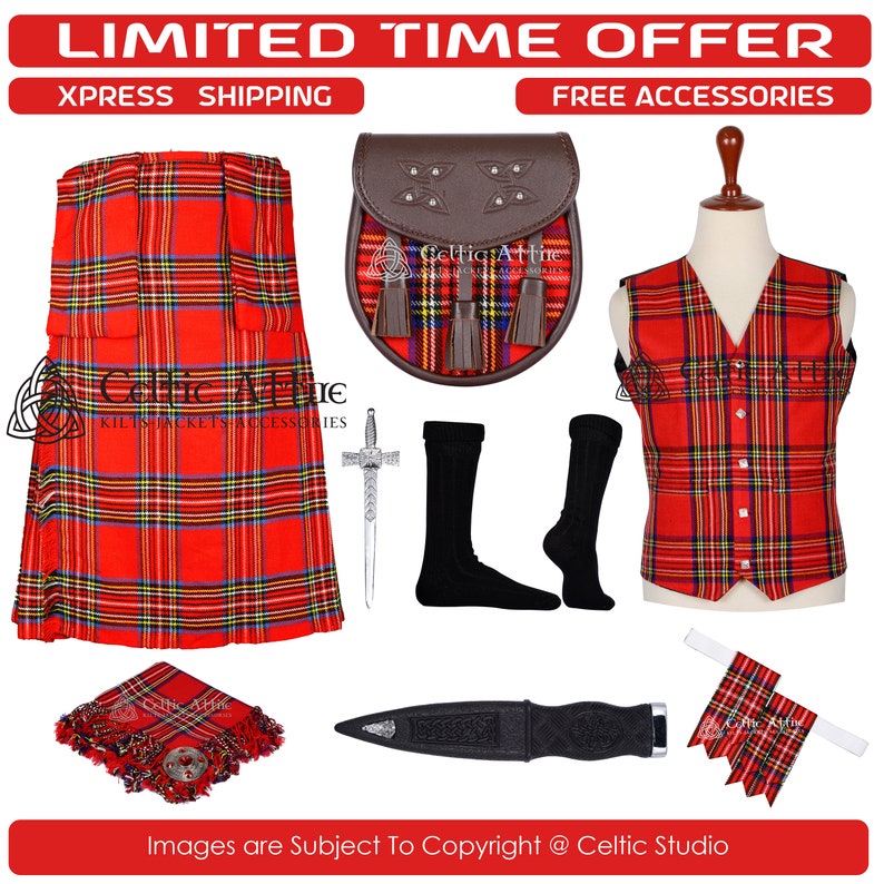 Premium - Scottish Traditional 8 Yard Tartan KILT With Free Shipping and 9 Accessories - Kilt Pin - Fly - Vest - Brooch - Socks - Sporran