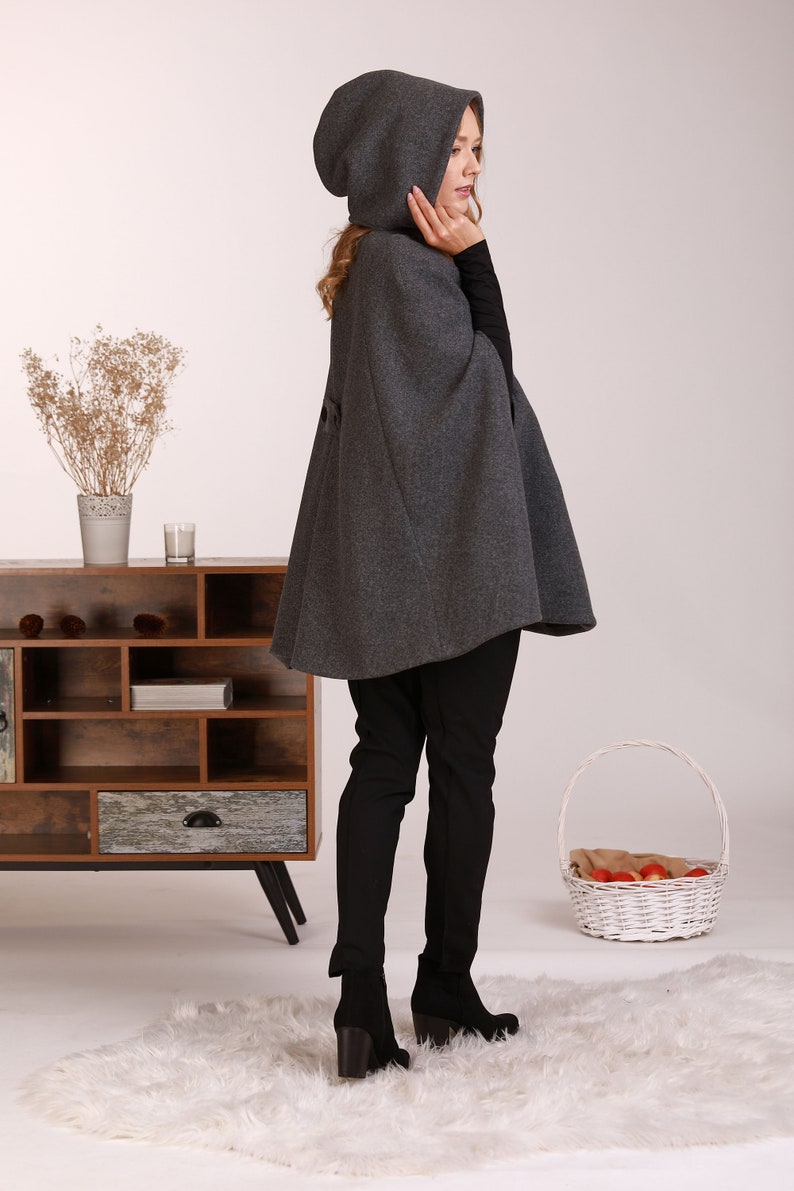 Wool Cape Coat with Hood, Hooded Winter Cloak, Plus Size Clothing, Short Cape Cloak, Poncho Jacket, Elegant Petite Cape, Buttons Swing Coat