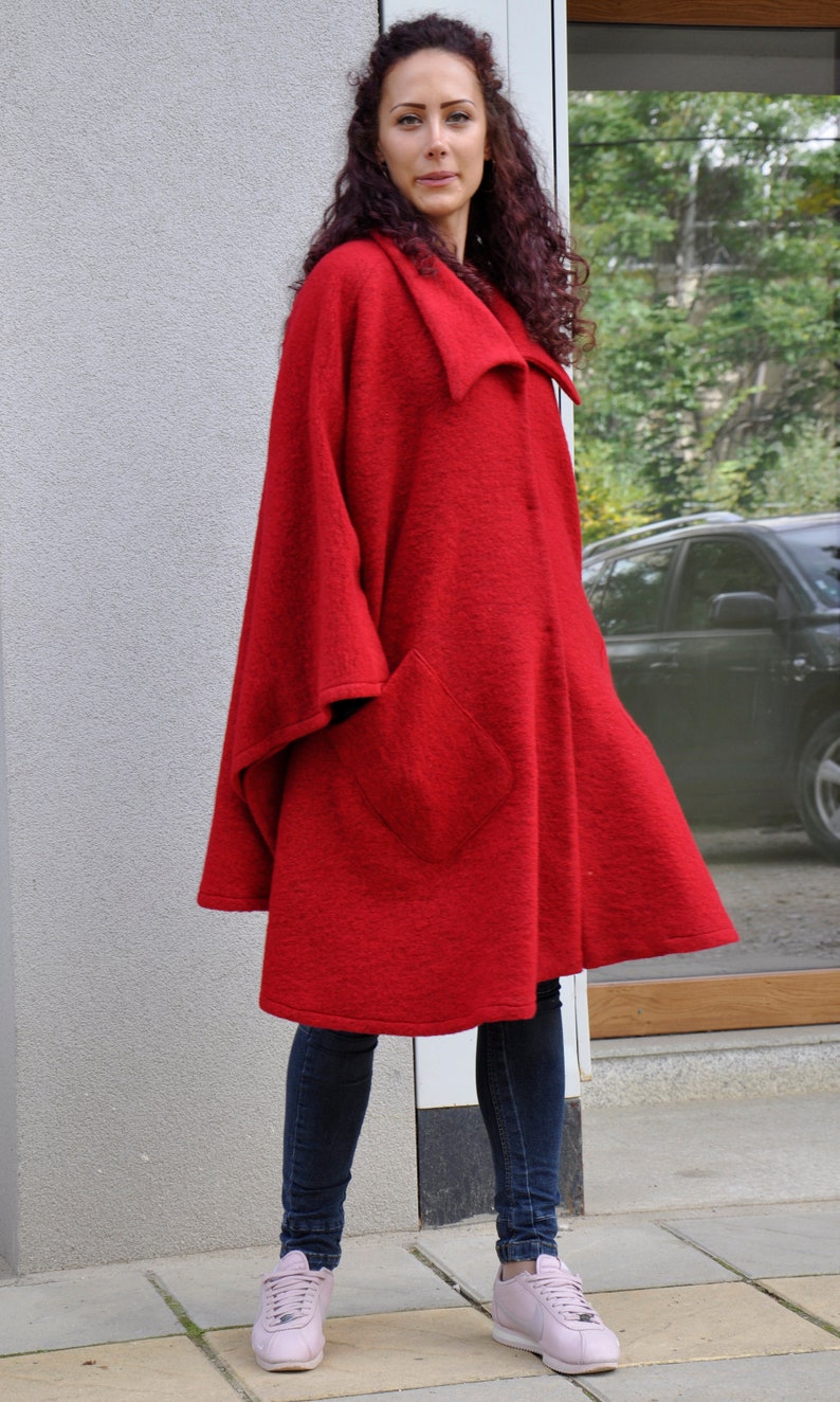 Womens Red Cape Coat, Winter Poncho, Cottage Core Coat, Swing Coat, Outerwear Clothing, Plus Size Coat, Batwing Coat, Plus Size Clothing