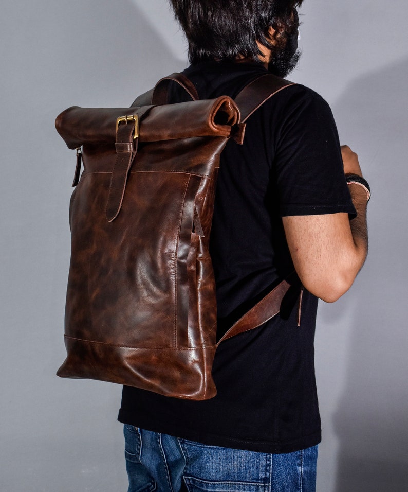 leather backpack men leather rucksack college Roll top backpack gift him personalized birthday women brown 16" inches 15" laptop computer