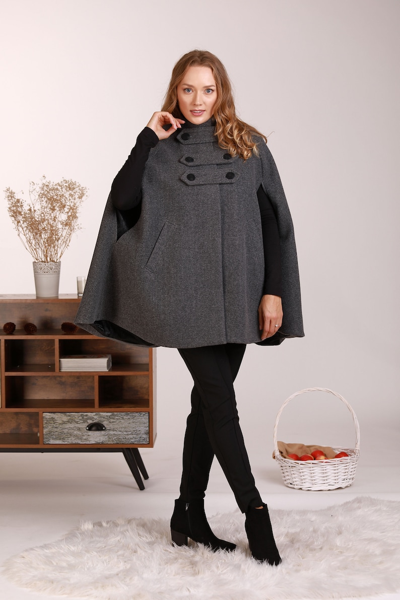 Wool Cape Coat with Hood, Hooded Winter Cloak, Plus Size Clothing, Short Cape Cloak, Poncho Jacket, Elegant Petite Cape, Buttons Swing Coat