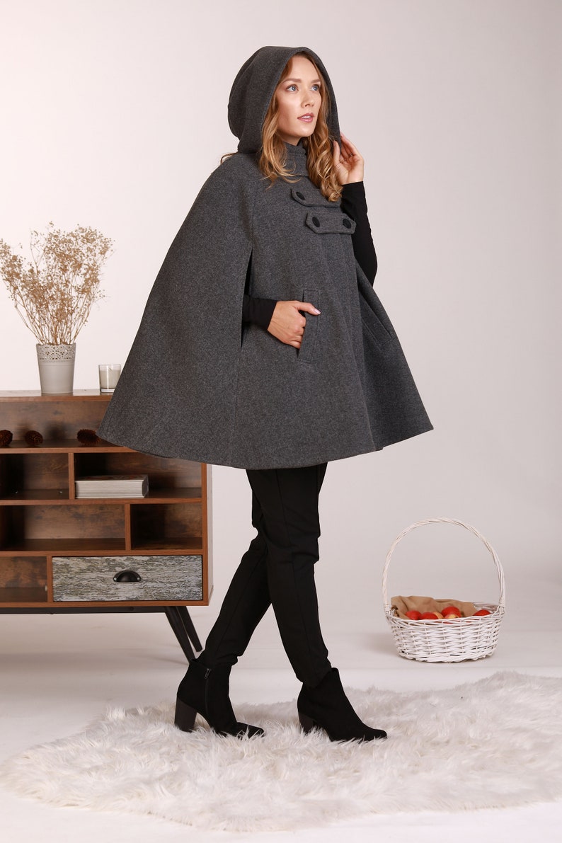 Wool Cape Coat with Hood, Hooded Winter Cloak, Plus Size Clothing, Short Cape Cloak, Poncho Jacket, Elegant Petite Cape, Buttons Swing Coat