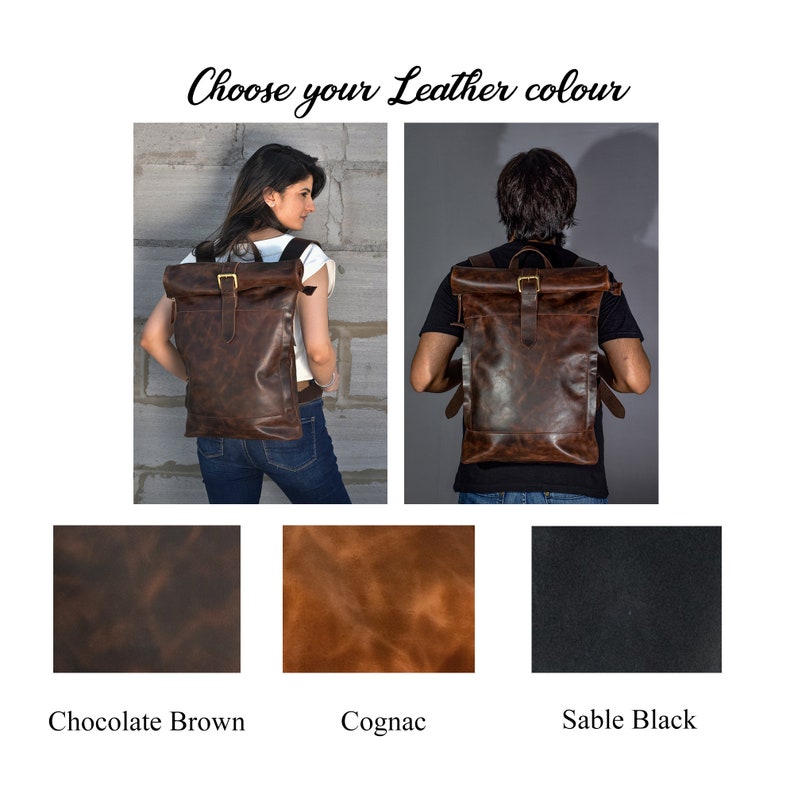 leather backpack men leather rucksack college Roll top backpack gift him personalized birthday women brown 16" inches 15" laptop computer