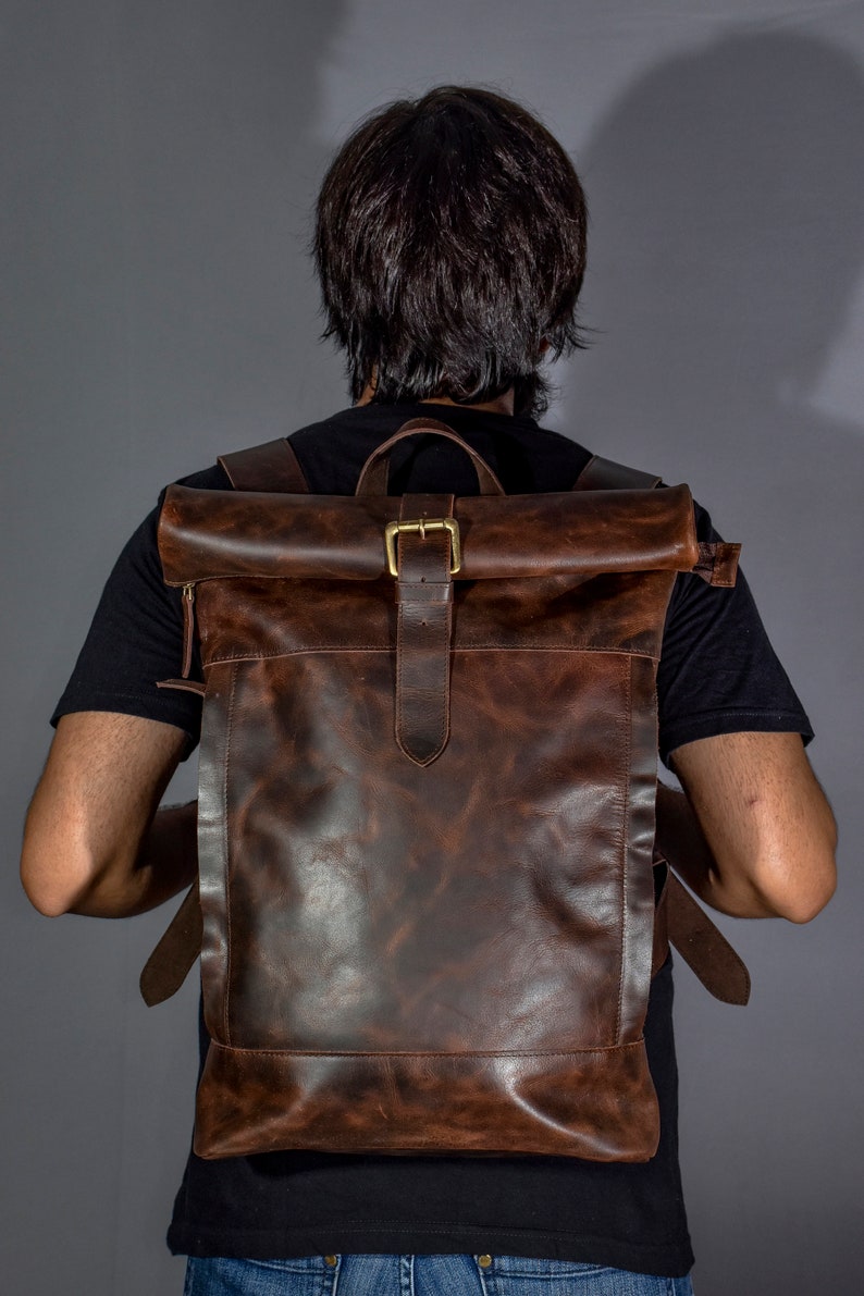 leather backpack men leather rucksack college Roll top backpack gift him personalized birthday women brown 16" inches 15" laptop computer