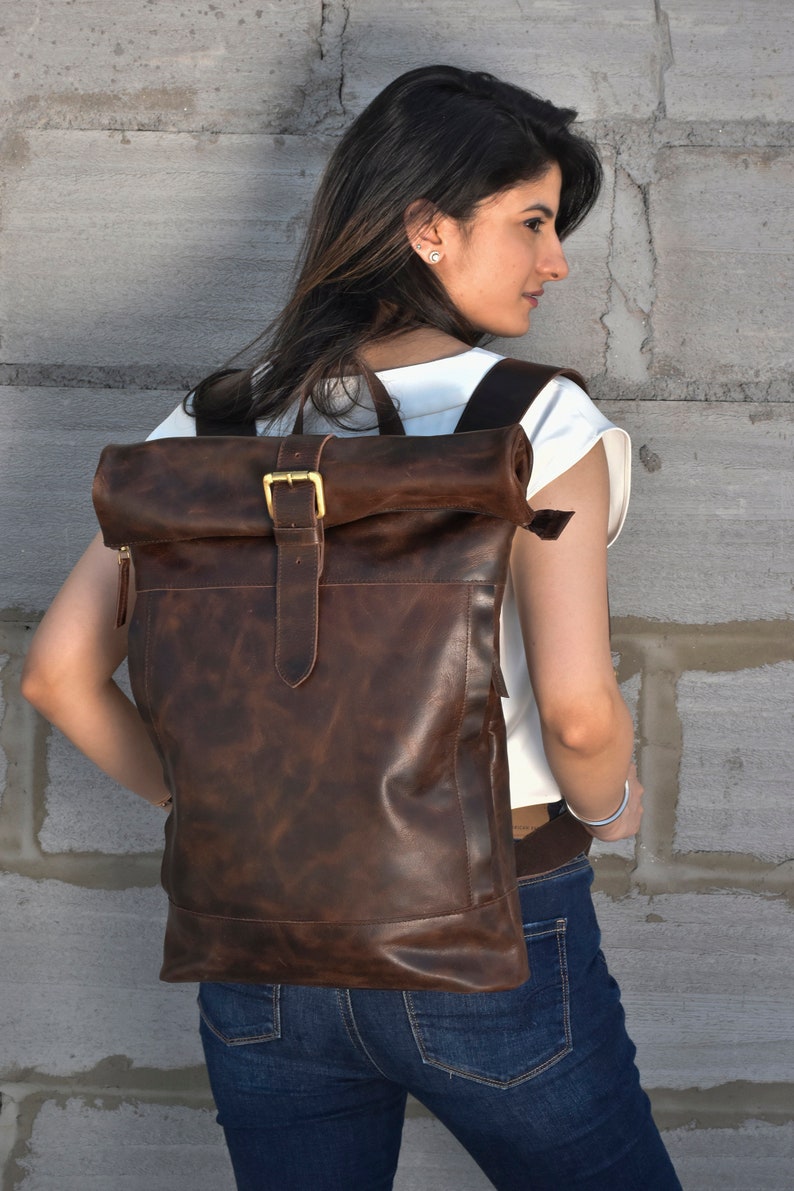 leather backpack men leather rucksack college Roll top backpack gift him personalized birthday women brown 16" inches 15" laptop computer