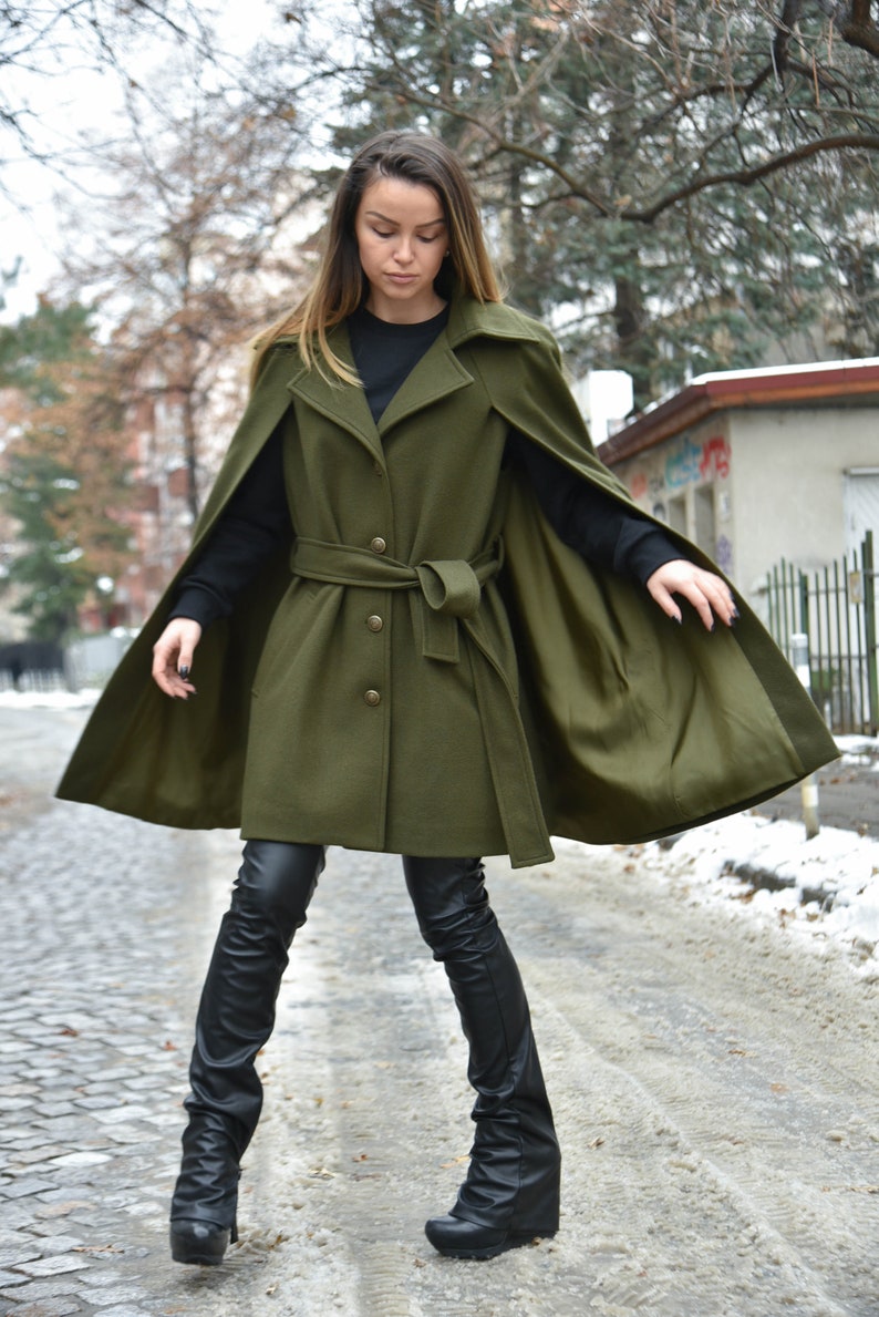 Winter Cape Coat/Green Jacket/Cape Coat/Cape Jacket/Green Fashion Cape Coat/Winter Jacket/Cloak Coat/Military Green Handcrafted Cloak/F2199