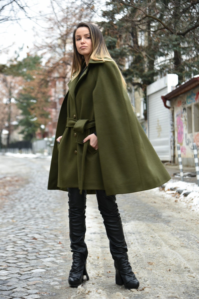 Winter Cape Coat/Green Jacket/Cape Coat/Cape Jacket/Green Fashion Cape Coat/Winter Jacket/Cloak Coat/Military Green Handcrafted Cloak/F2199