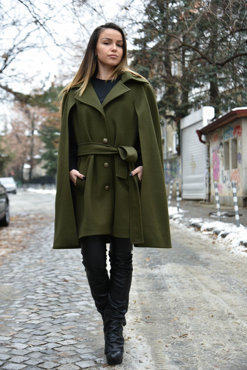 Winter Cape Coat/Green Jacket/Cape Coat/Cape Jacket/Green Fashion Cape Coat/Winter Jacket/Cloak Coat/Military Green Handcrafted Cloak/F2199