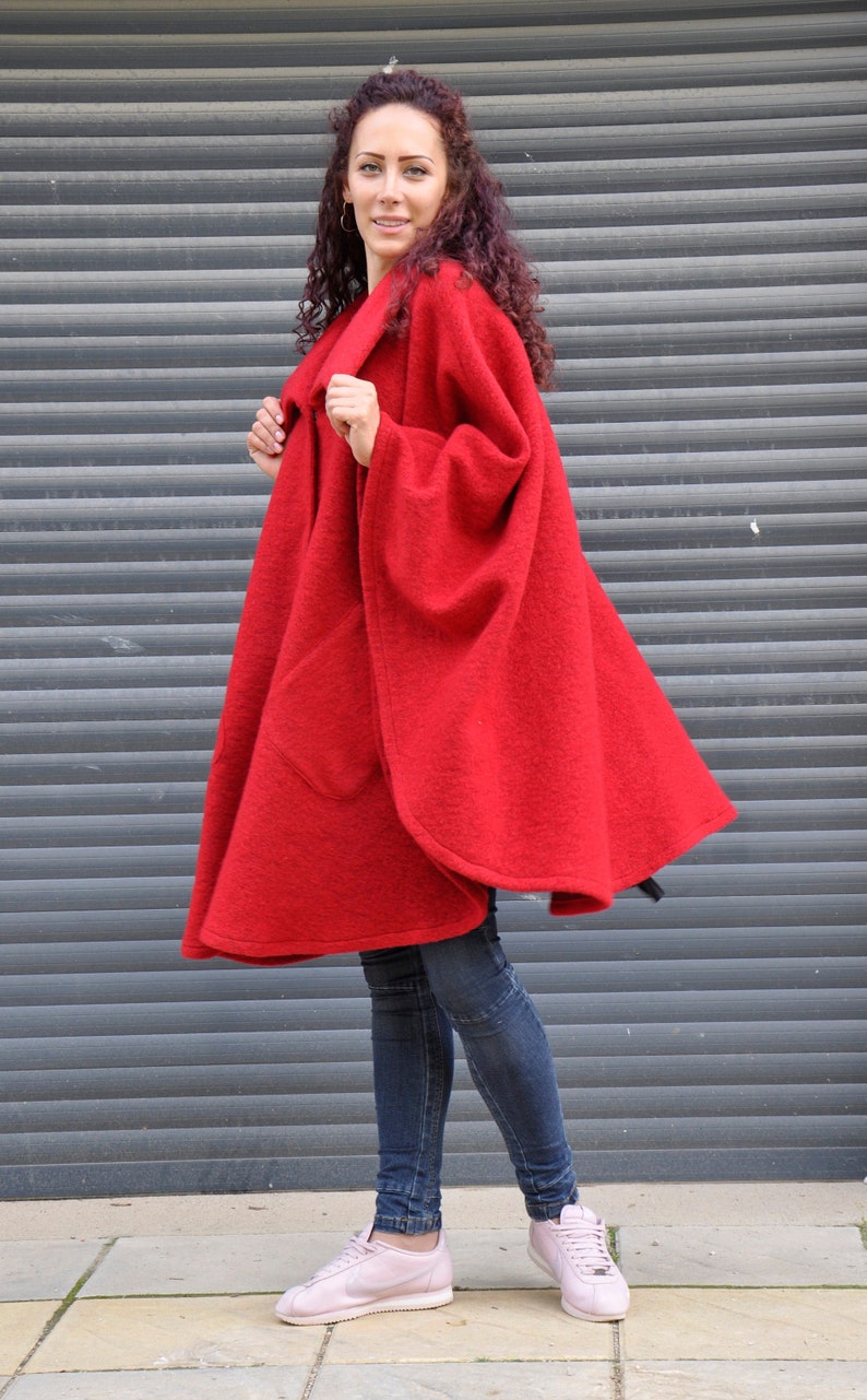 Womens Red Cape Coat, Winter Poncho, Cottage Core Coat, Swing Coat, Outerwear Clothing, Plus Size Coat, Batwing Coat, Plus Size Clothing