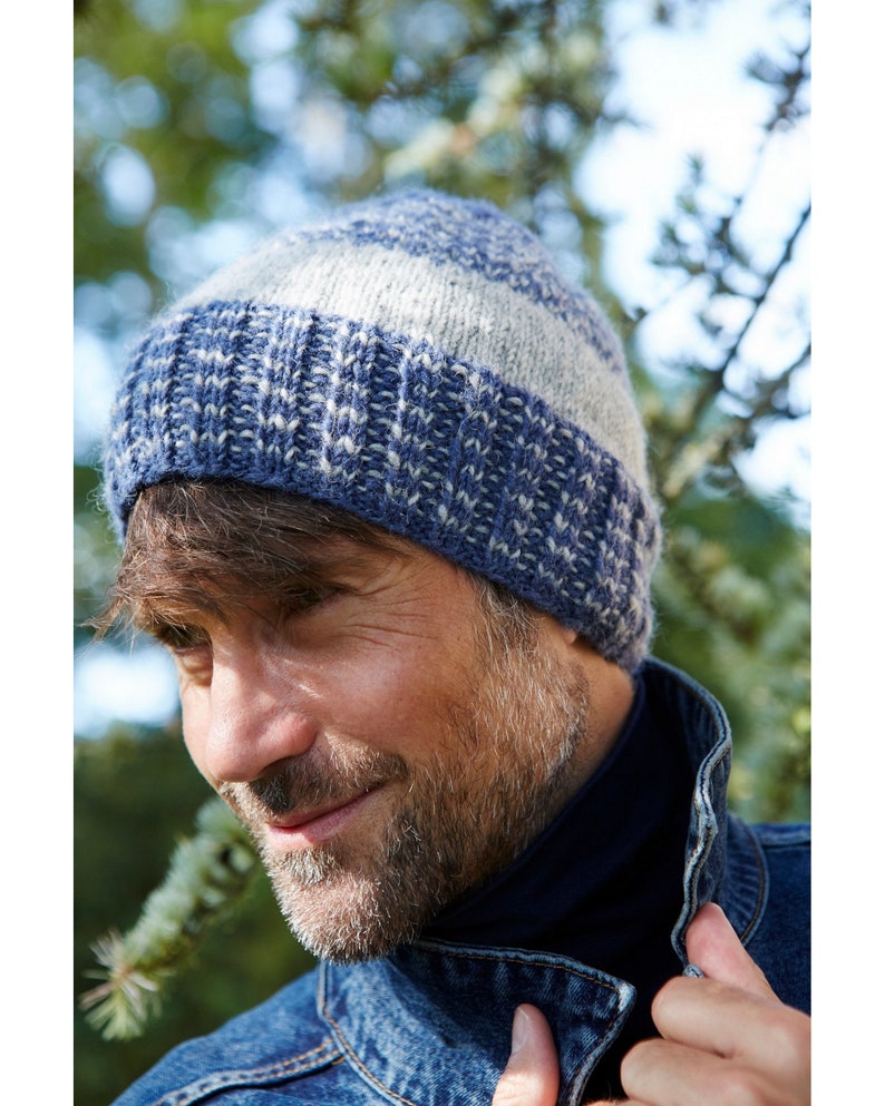 Men's Hand Knitted Beanie, 100% Wool, Subtle Stripe Rib Design, Warm Winter Hat, Fleece Lined, Fair Trade, Moss, Grey, Blue, Natural