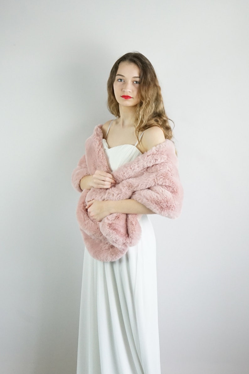 CLEARANCE Pink Faux fur bridal wrap, Bridal Faux Fur Stole Fur Shawl Cape, Bridesmaid Gift, Winter Wedding gift (Audrey Pin05 )