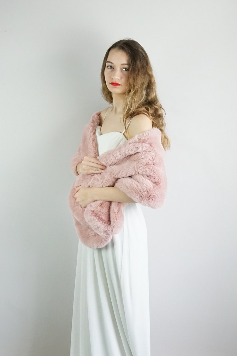 CLEARANCE Pink Faux fur bridal wrap, Bridal Faux Fur Stole Fur Shawl Cape, Bridesmaid Gift, Winter Wedding gift (Audrey Pin05 )