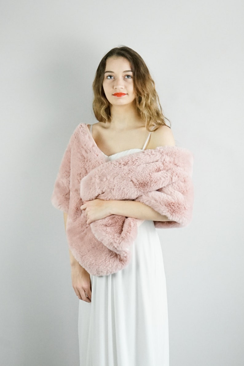 CLEARANCE Pink Faux fur bridal wrap, Bridal Faux Fur Stole Fur Shawl Cape, Bridesmaid Gift, Winter Wedding gift (Audrey Pin05 )