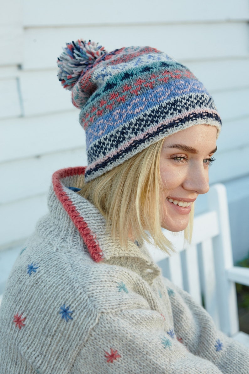 Women's Fair Isle Winter Knitted Hat - Knit Bobble Beanie - Traditional Fairisle beanie - 100% Wool - Ethical Clothing - Pachamama